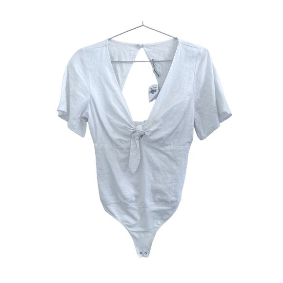 NWT Abercrombie and Fitch White Linen Blend Front Tie Short Sleeve Bodysuit - Picture 4 of 6